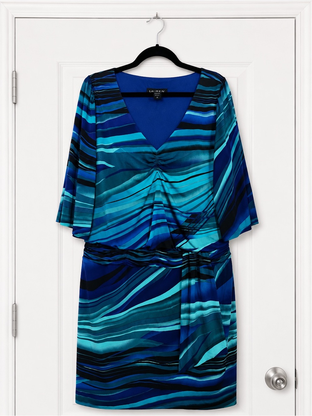 LANE Bryant Plus Size Latimer Blue Teal Wave-Print V-Neck Dress